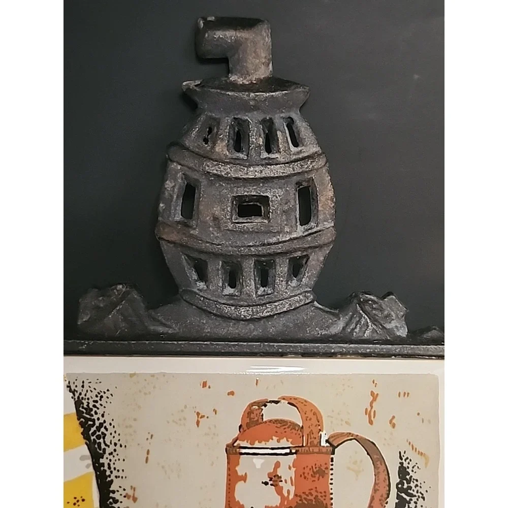Set Of 2 Enesco Vintage Cast Iron Trivets W/Tile Centers Kettle & Pitcher Scenes